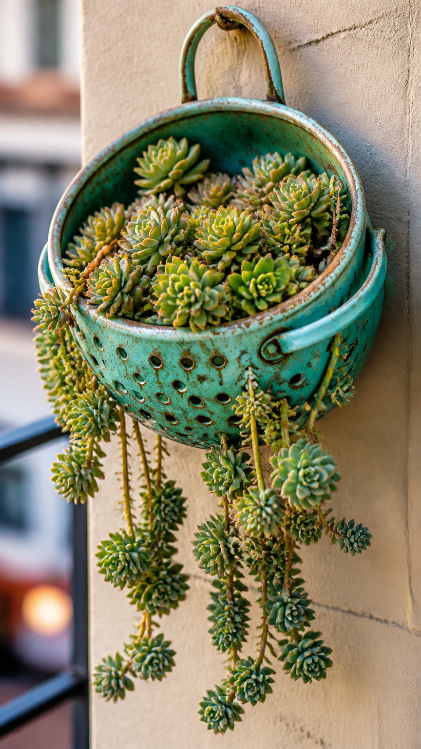 A vintage turquoise metal kitchen colander hanging on a balcony wall, filled with trailing succulent rosettes spillin...