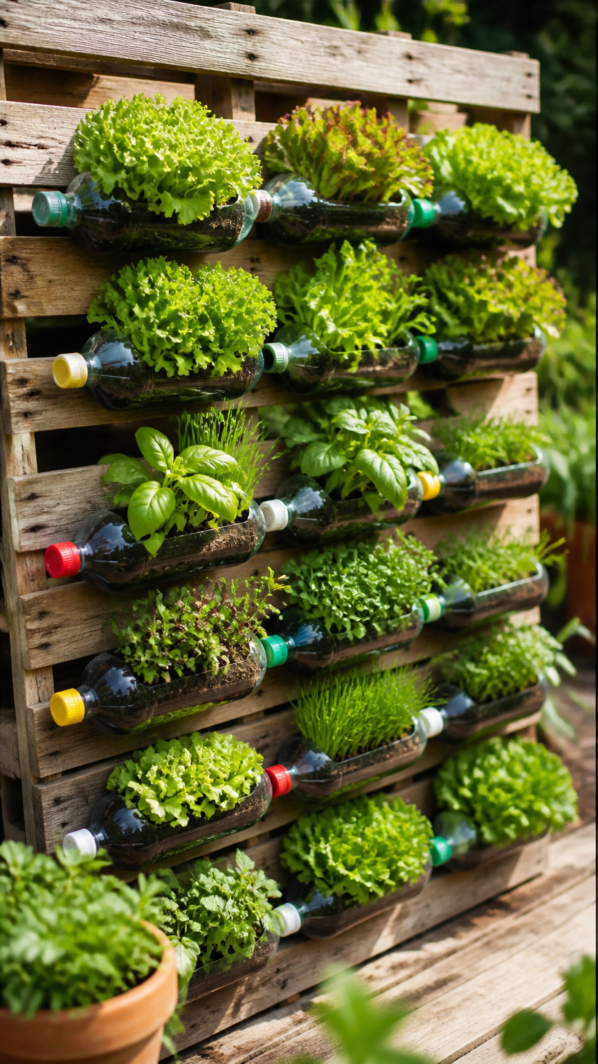 A DIY vertical garden made from cut plastic soda bottles mounted on a wooden pallet, growing bright green lettuce and...