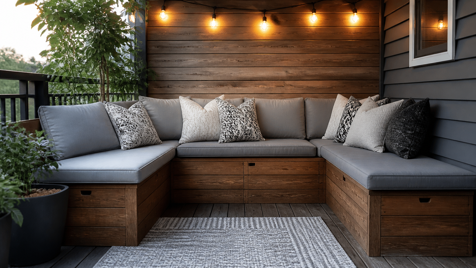 A professional photograph of a custom L-shaped wooden balcony bench with lift-up seat panels, topped with gray outdoo...