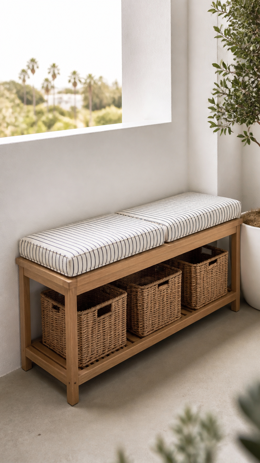 A professional photograph of a slim wooden storage bench against a white balcony wall, featuring woven baskets on the...