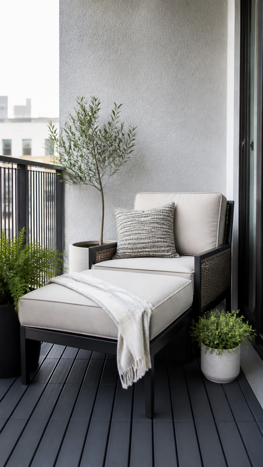 A crisp photograph of a single patio chair paired with a matching ottoman pushed together to form an L-shaped chaise...