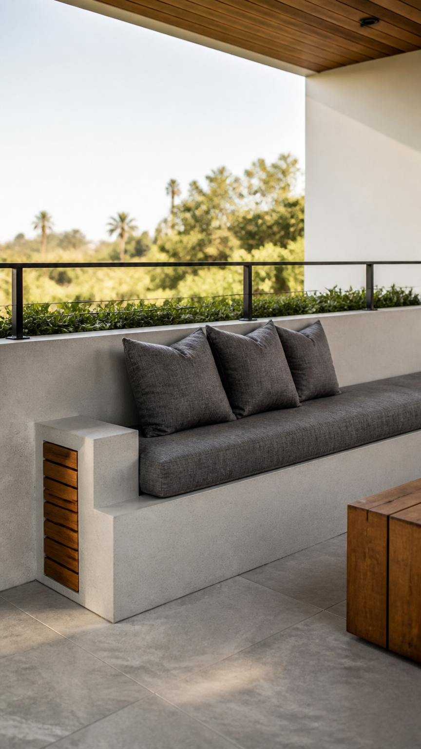 A clean photograph of a poured concrete half-wall bench integrated into a modern balcony, softened with dark gray lin...