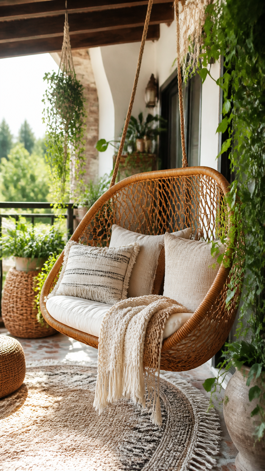 A bright photograph of a curved wicker hanging loveseat swaying gently on a covered balcony, filled with boho-chic te...