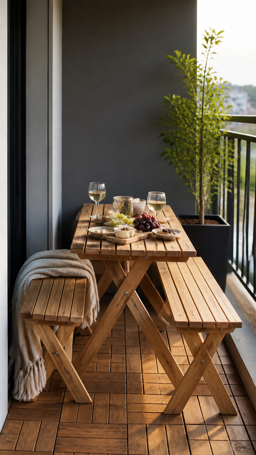 A professional photograph of a compact wooden folding picnic-style bench set tucked neatly against a balcony wall, se...
