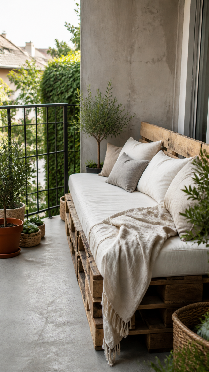 A crisp photograph of a DIY wooden shipping pallet couch on a small concrete balcony, styled with a plush white mattr...