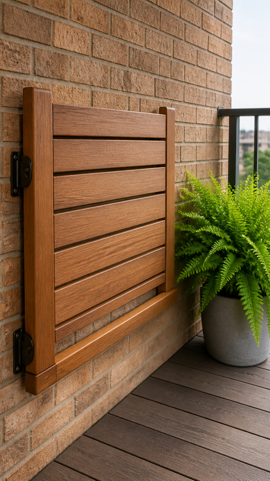 A high-resolution photo of a wooden bench seat hinged against a brick balcony wall, folded up flat to save space, wit...