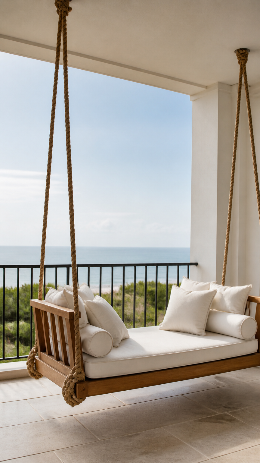 A bright photograph of a small wooden daybed suspended by thick Manila ropes from a balcony ceiling overhang, featuri...