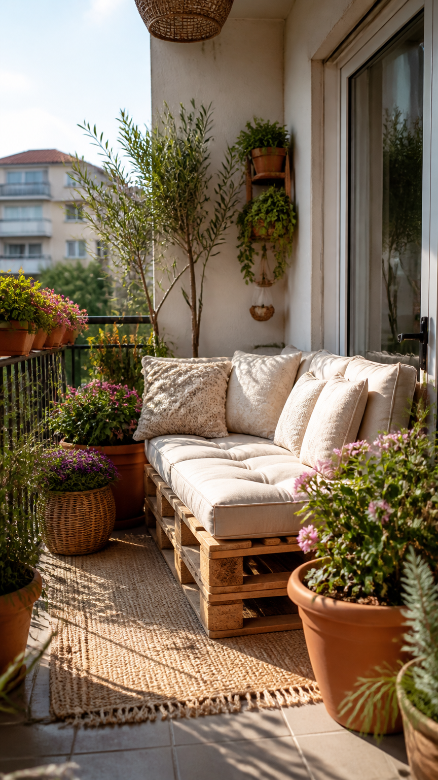 A high-end DSLR photograph of a sunlit small apartment balcony featuring a compact wooden pallet couch layered with t...