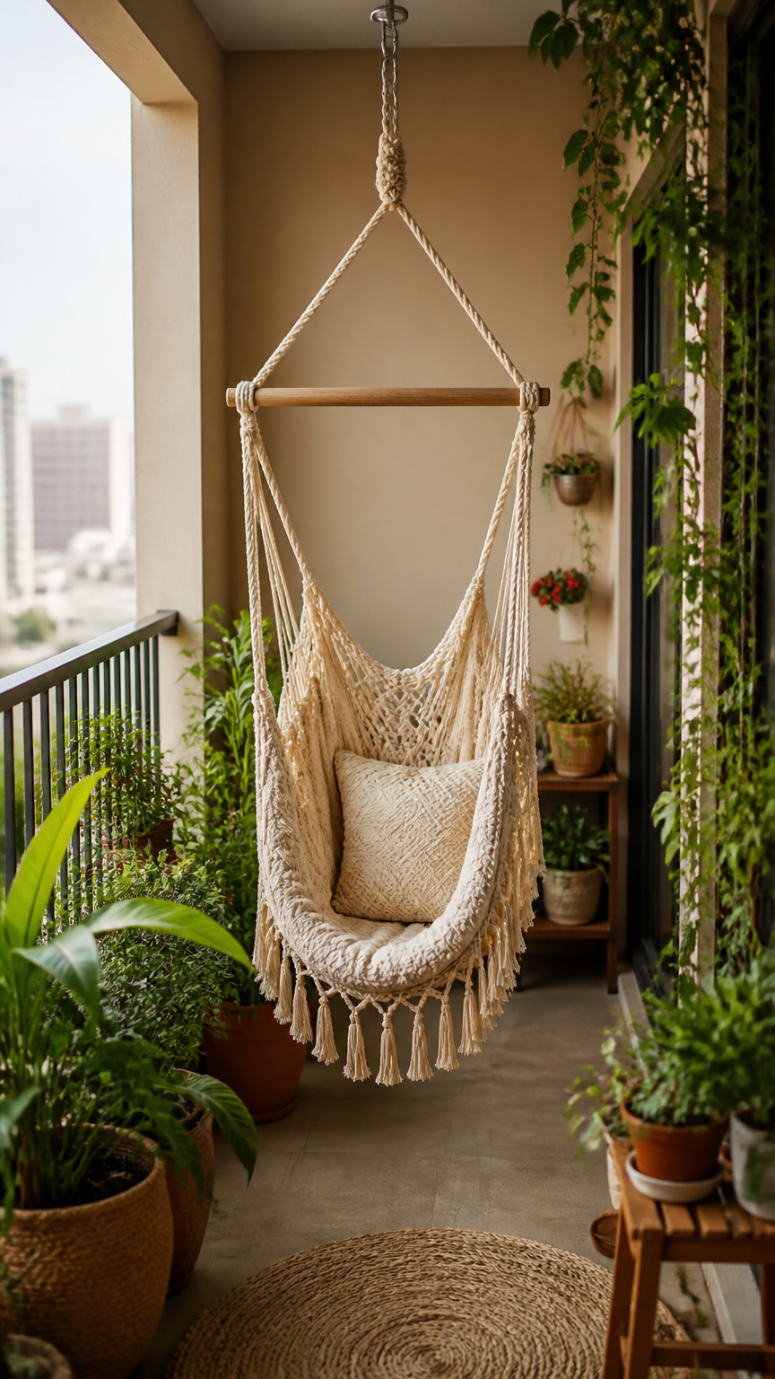 A detailed photograph of a cream-colored macrame hammock chair hanging from a single ceiling hook on a cozy apartment...
