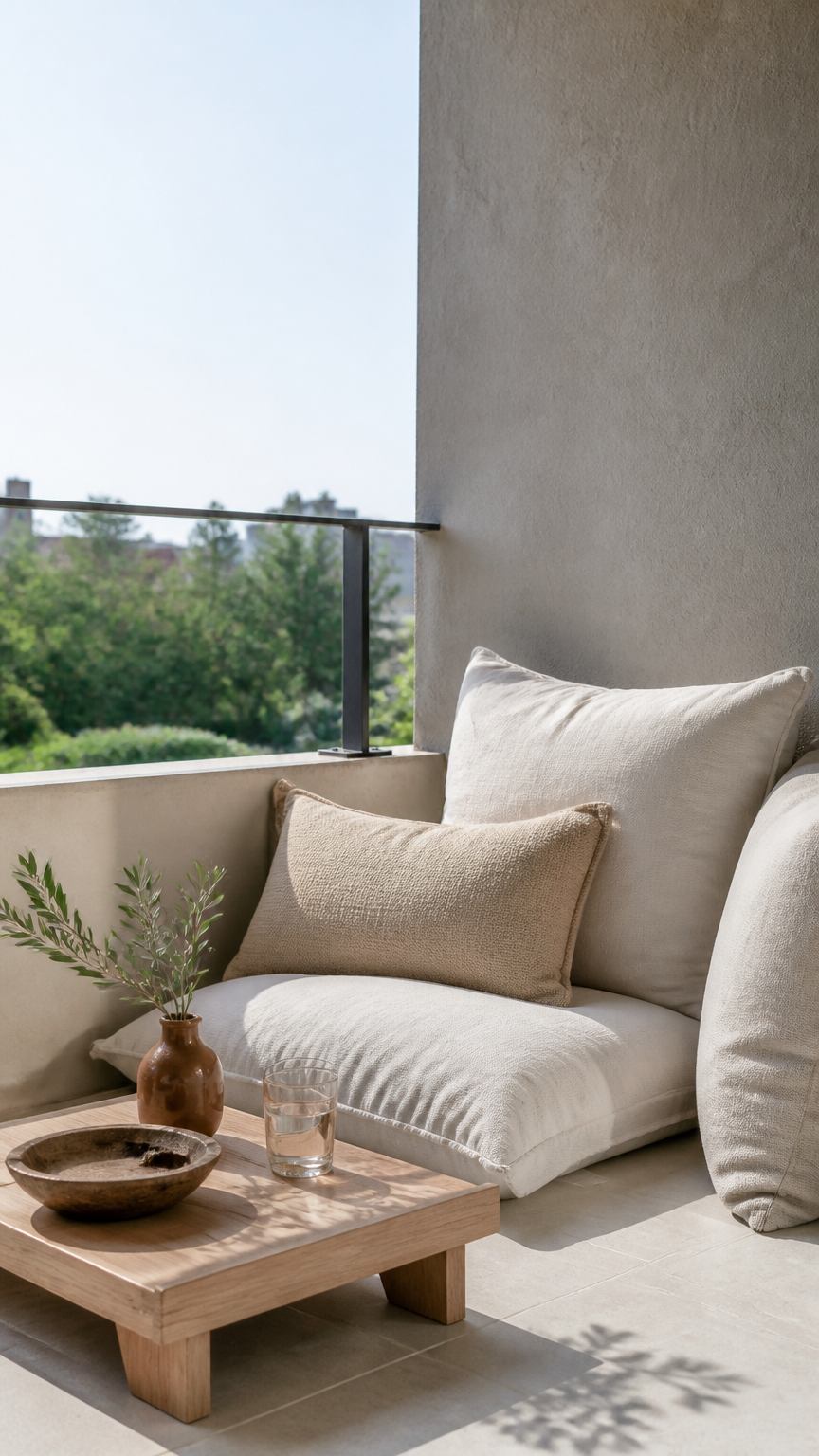 A bright, clean photograph of a minimalist balcony arrangement featuring oversized floor cushions stacked against a b...