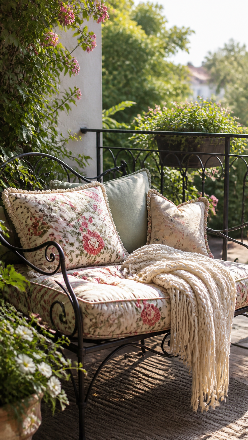 A sharp photograph of a black wrought iron garden settee on a sunlit balcony, softened by thick floral cushions and a...