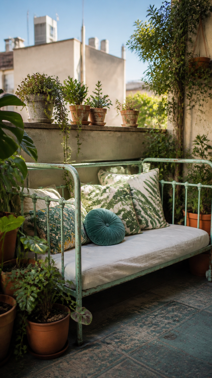 A detailed photograph of a vintage metal twin bed frame cut down and used as an outdoor daybed on a bohemian balcony,...