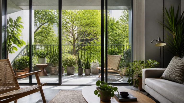 A high-end photograph of a sunlit small apartment living room featuring sleek black-framed sliding balcony doors that...