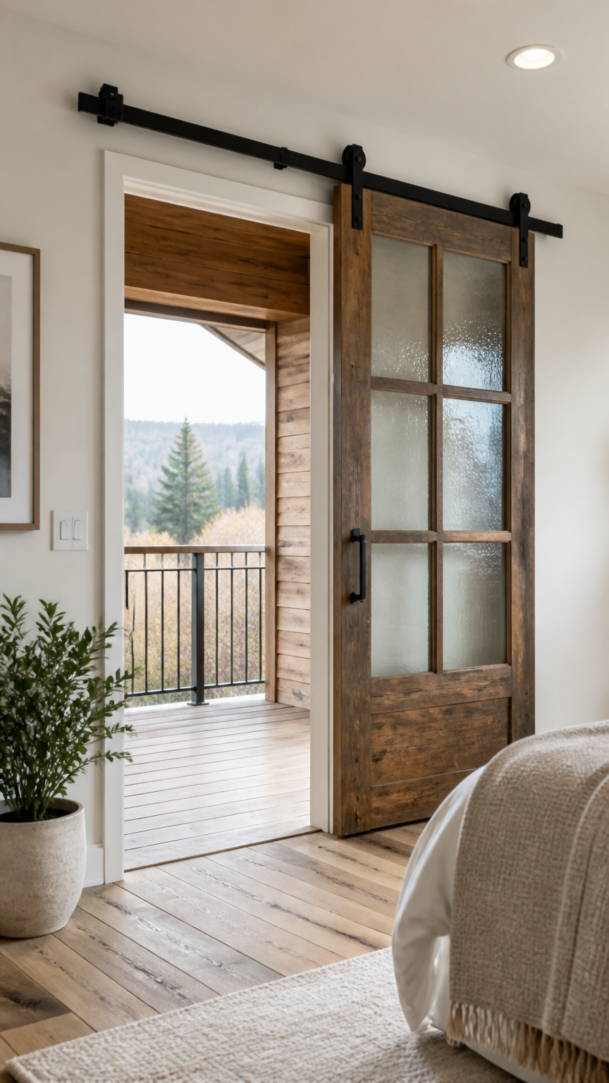 A high-end photograph of a rustic wooden barn door featuring frosted glass panels, mounted on an exposed iron track l...