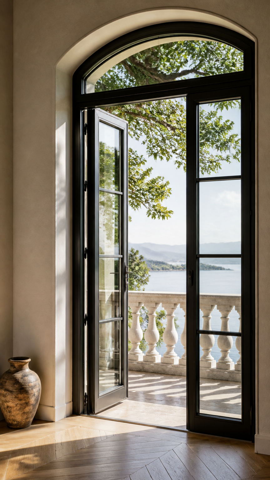 A high-end photograph of an arched glass balcony door with a black iron frame, opening to a sunlit stone balcony