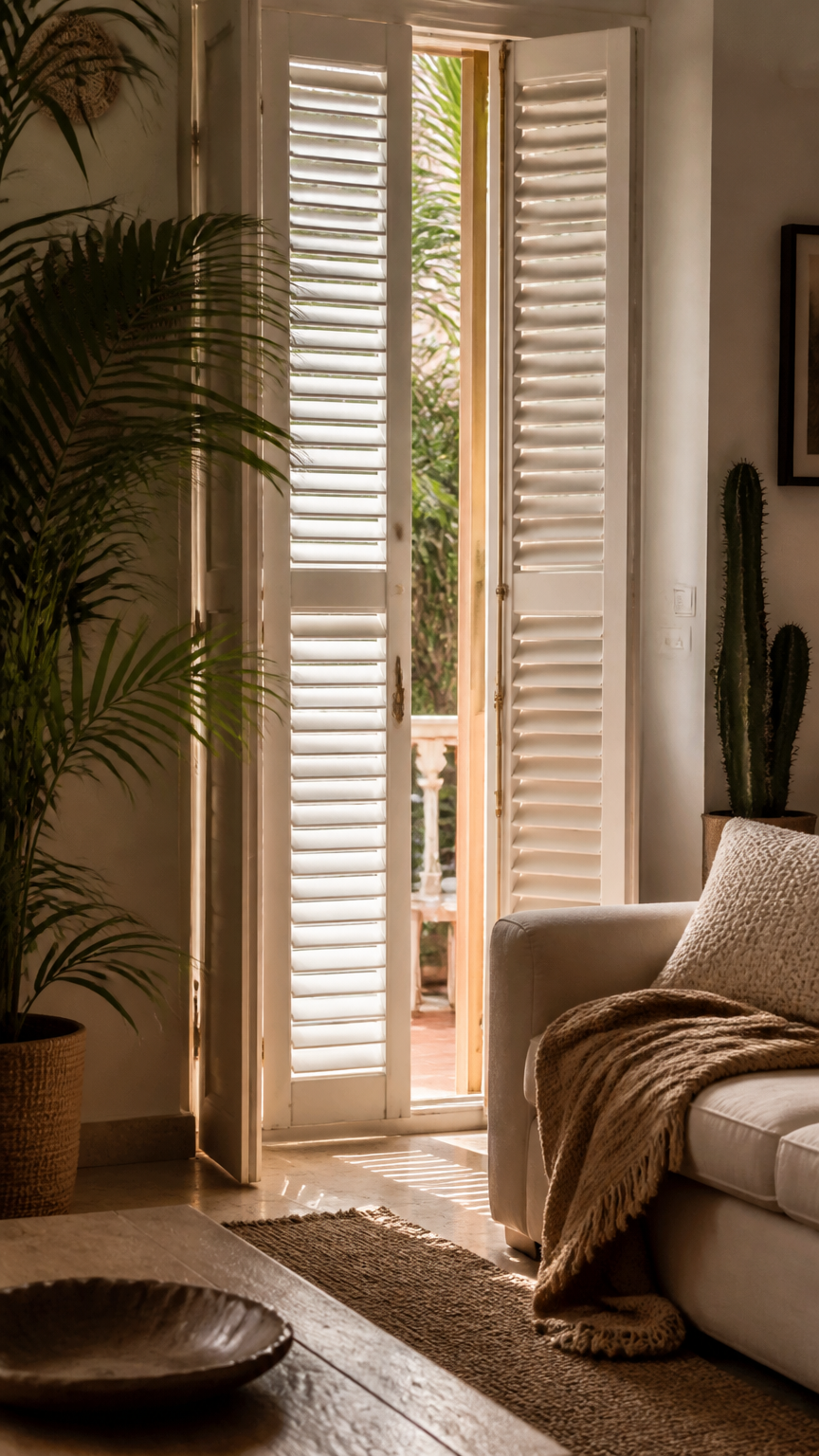 A high-end photograph of white louvered wooden balcony doors filtering soft sunlight into a cozy bohemian living room