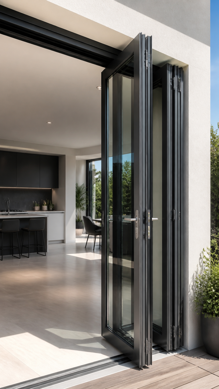 A high-end photograph of a dark gray aluminum balcony door system where panels slide and pivot completely open