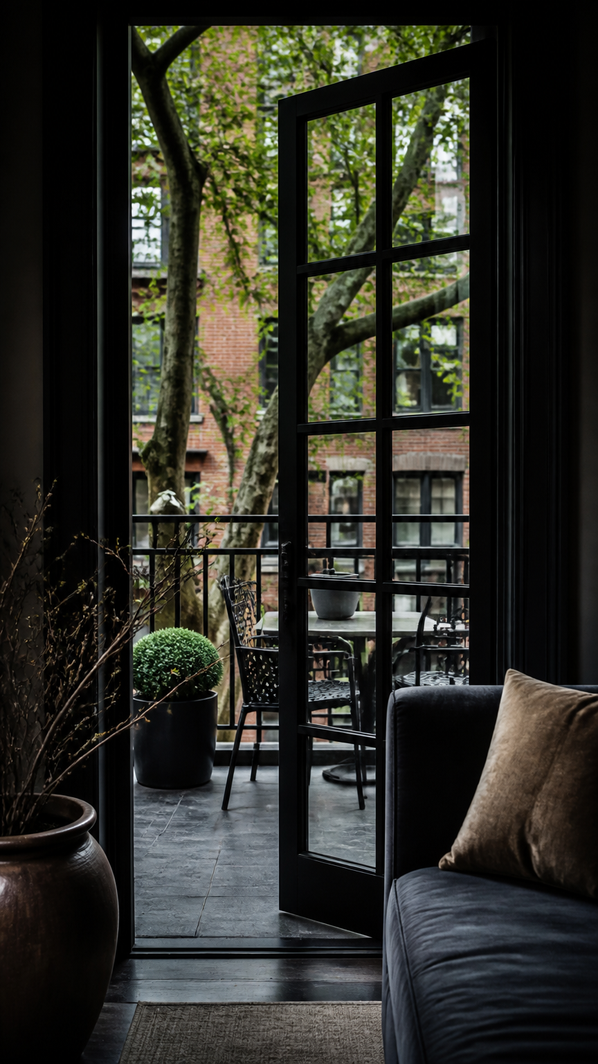 A high-end photograph of a slender black metal grid glass door opening to a small urban balcony