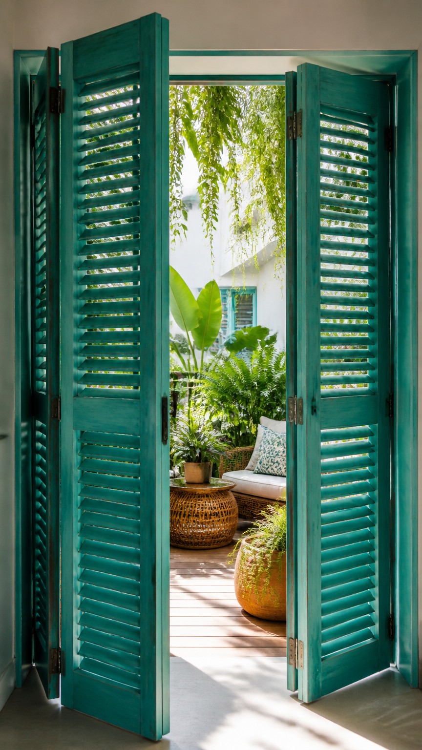 A high-end photograph of turquoise wooden shutter-style folding balcony doors open halfway, revealing a lush plant-fi...