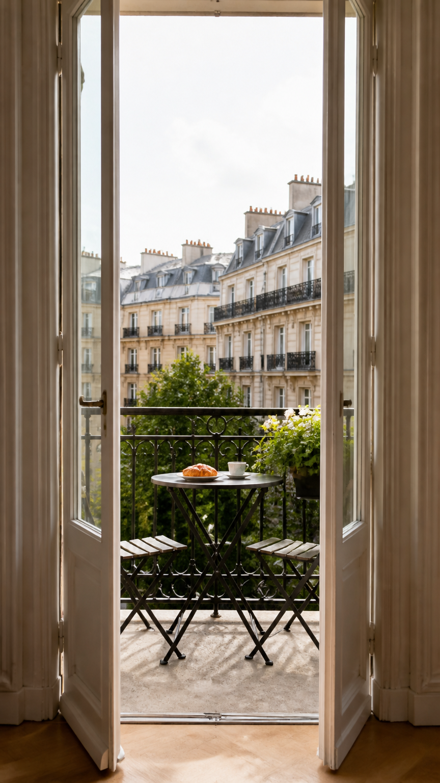 A high-end photograph of narrow white French doors opening outward to a tiny Parisian-style balcony with a small bist...