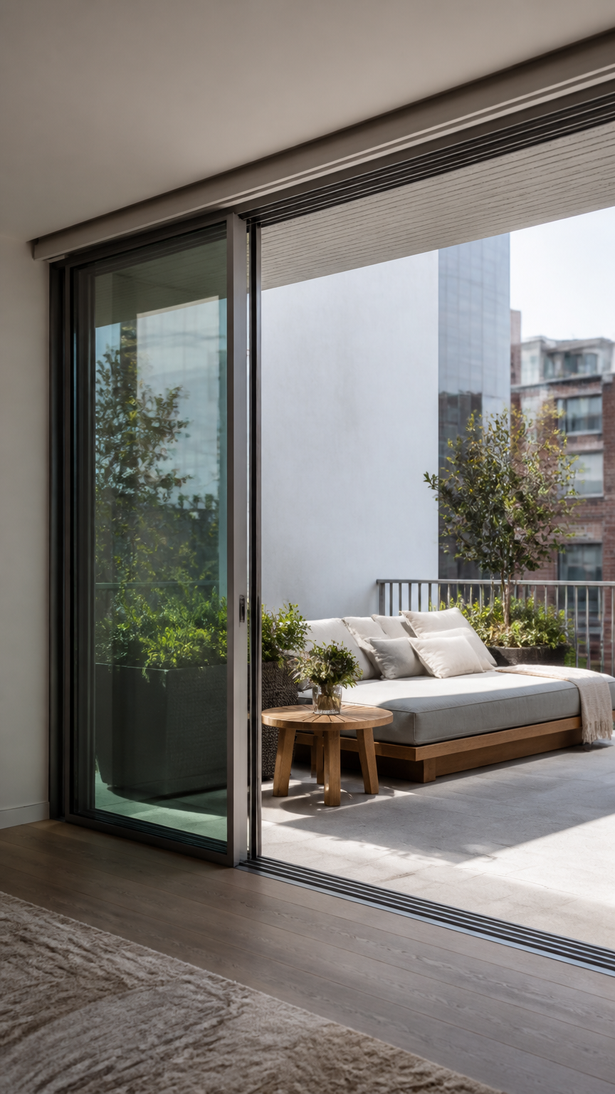 A high-end photograph of a minimalist glass sliding door gliding smoothly on a recessed track, revealing a cozy urban...