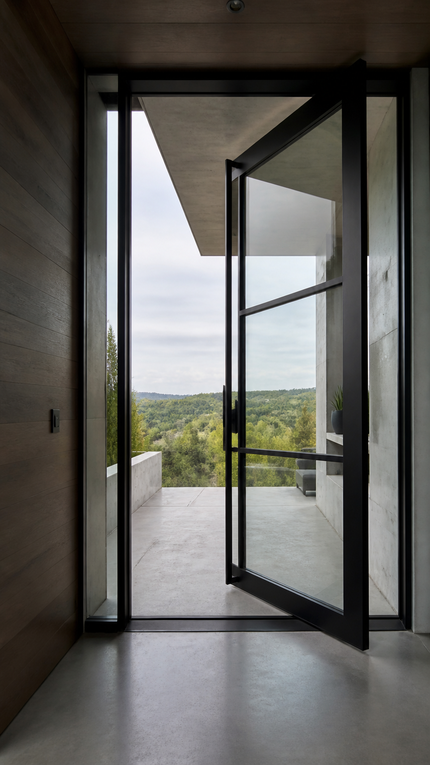 A high-end photograph of a bold black steel-frame pivot door opening outward on a central hinge, revealing a chic con...