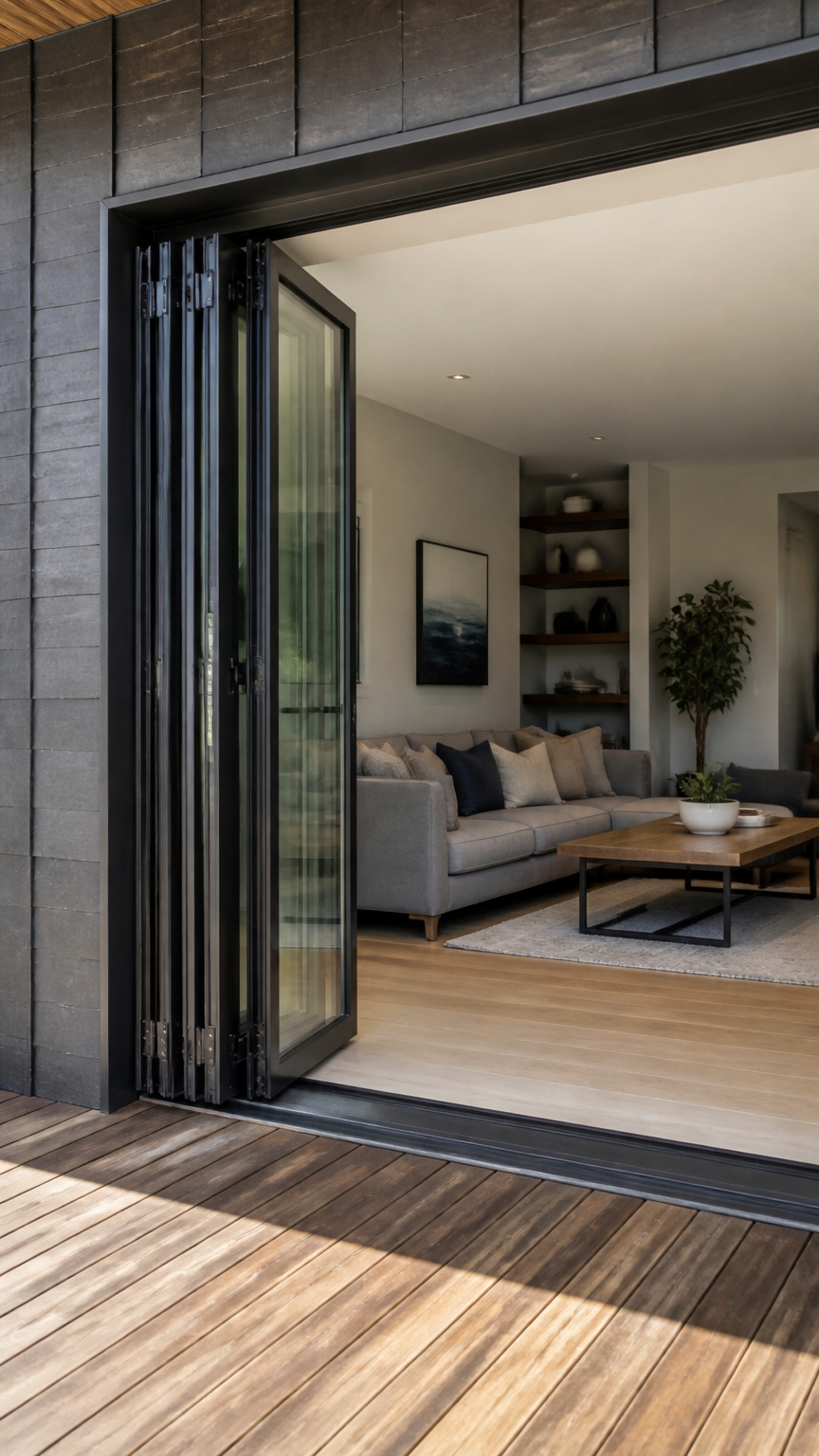 A high-end photograph of multi-panel glass bi-fold doors completely folded and stacked neatly to one side, opening a...