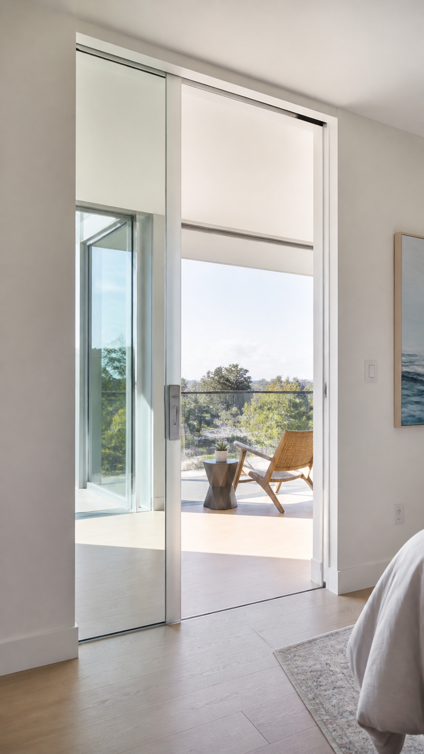 A high-end photograph of a glass interior pocket door sliding directly into a white drywall pocket, exposing a sunlit...