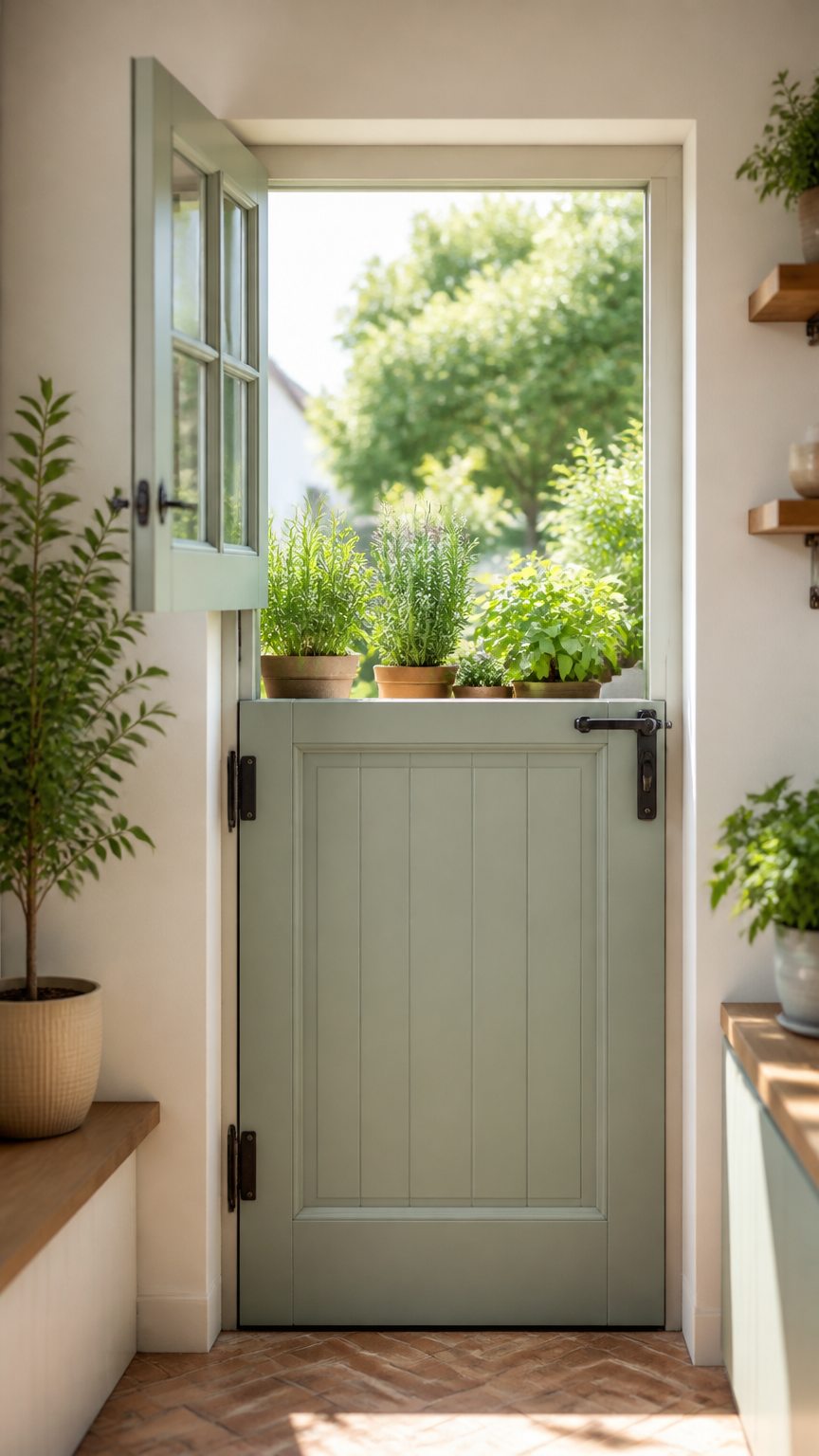A high-end photograph of a sage green Dutch door with the top half open to a sunny balcony filled with herbs