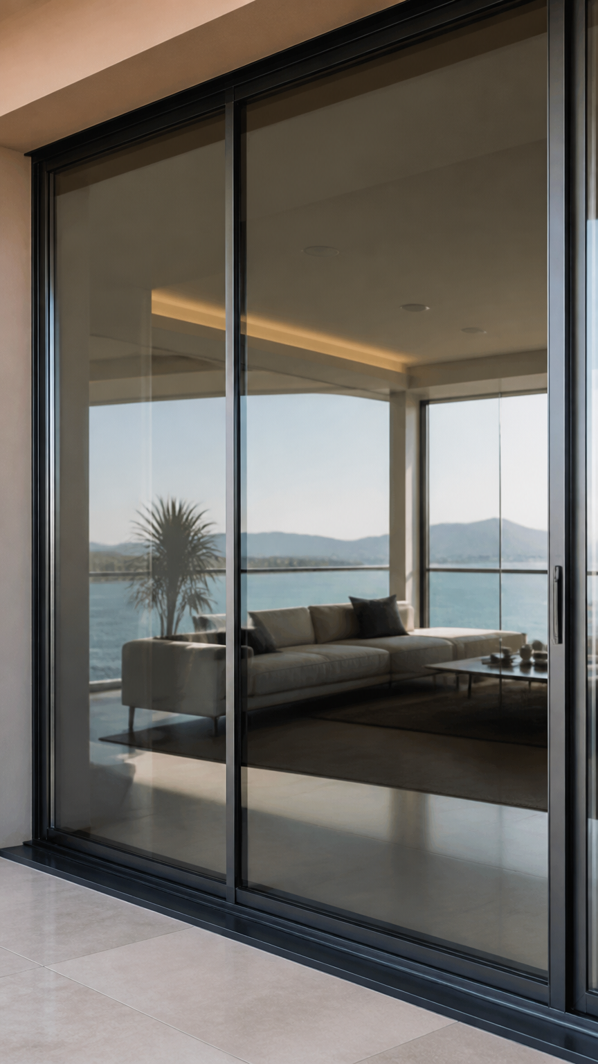 A high-end photograph of sliding glass balcony doors featuring a subtle mirrored tint, reflecting a bright minimalist...