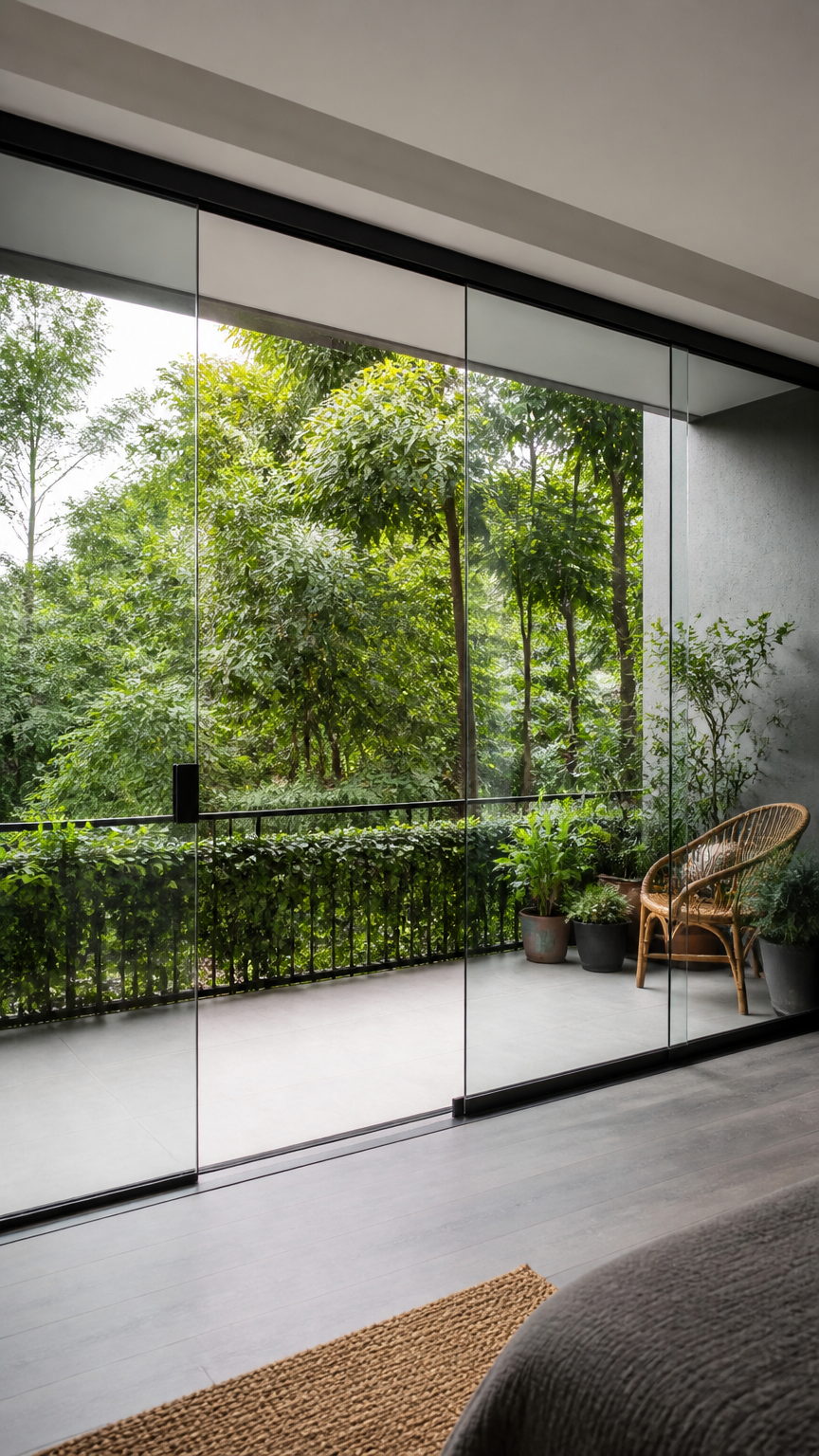 A high-end photograph of frameless glass sliding balcony doors with minimal hardware, creating a seamless view of a g...