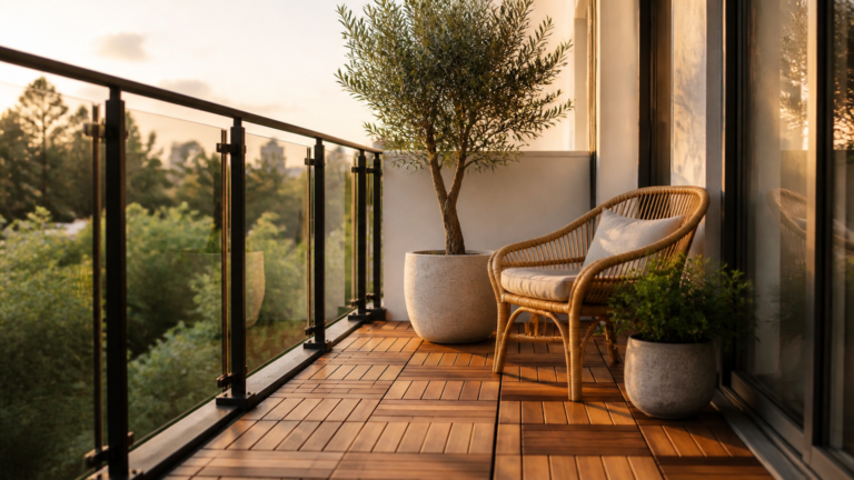 A high-end camera photograph of a bright, modern balcony with polished wooden interlocking deck tiles, a small potted...