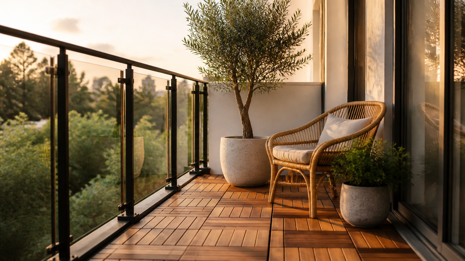 A high-end camera photograph of a bright, modern balcony with polished wooden interlocking deck tiles, a small potted...