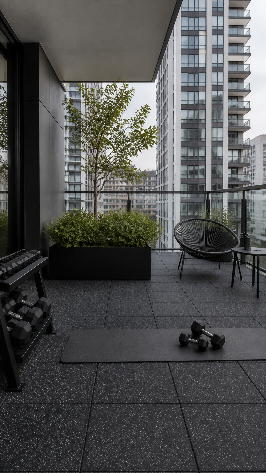 A high-end photograph of dark gray speckled rubber gym tiles laid out neatly on a modern urban balcony, paired with m...