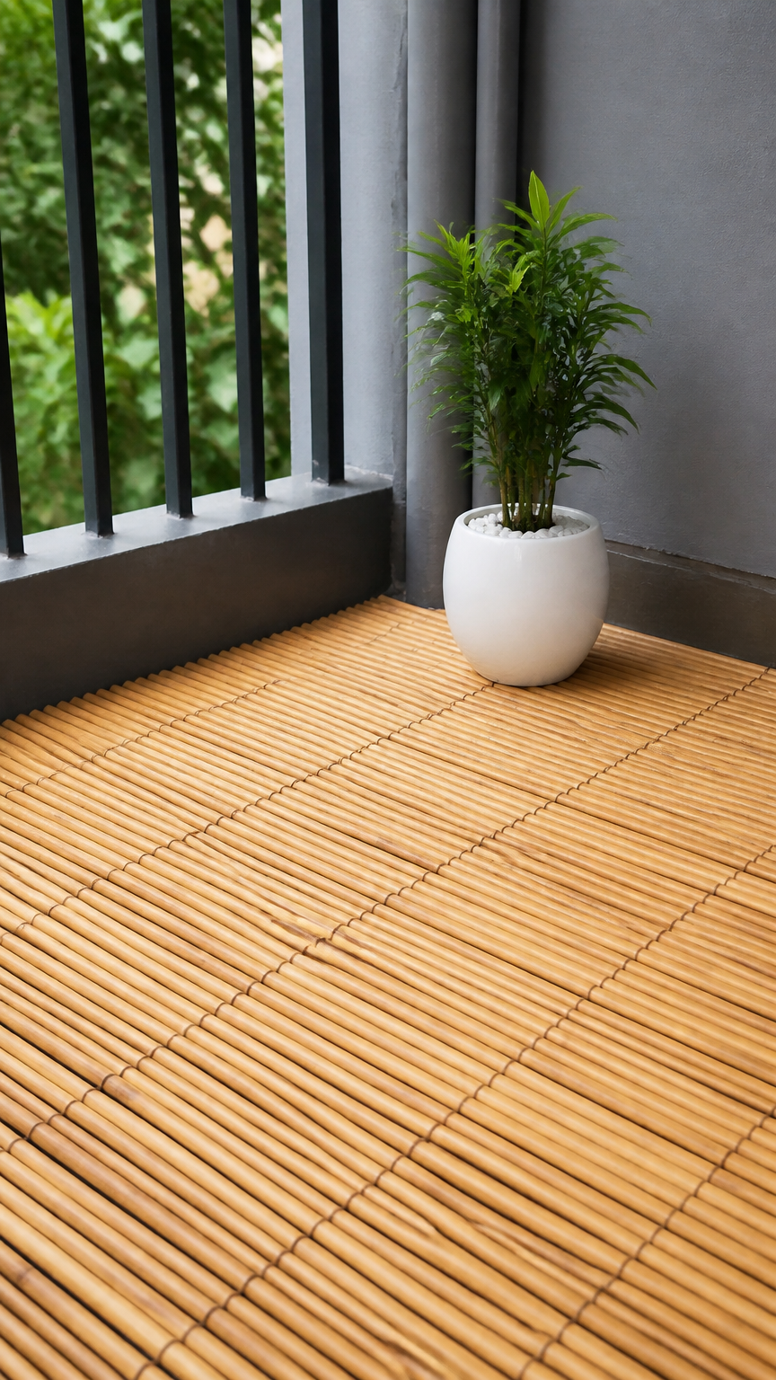 A bright photograph of a rolled-out natural bamboo slat mat covering a small balcony floor, featuring a small white c...