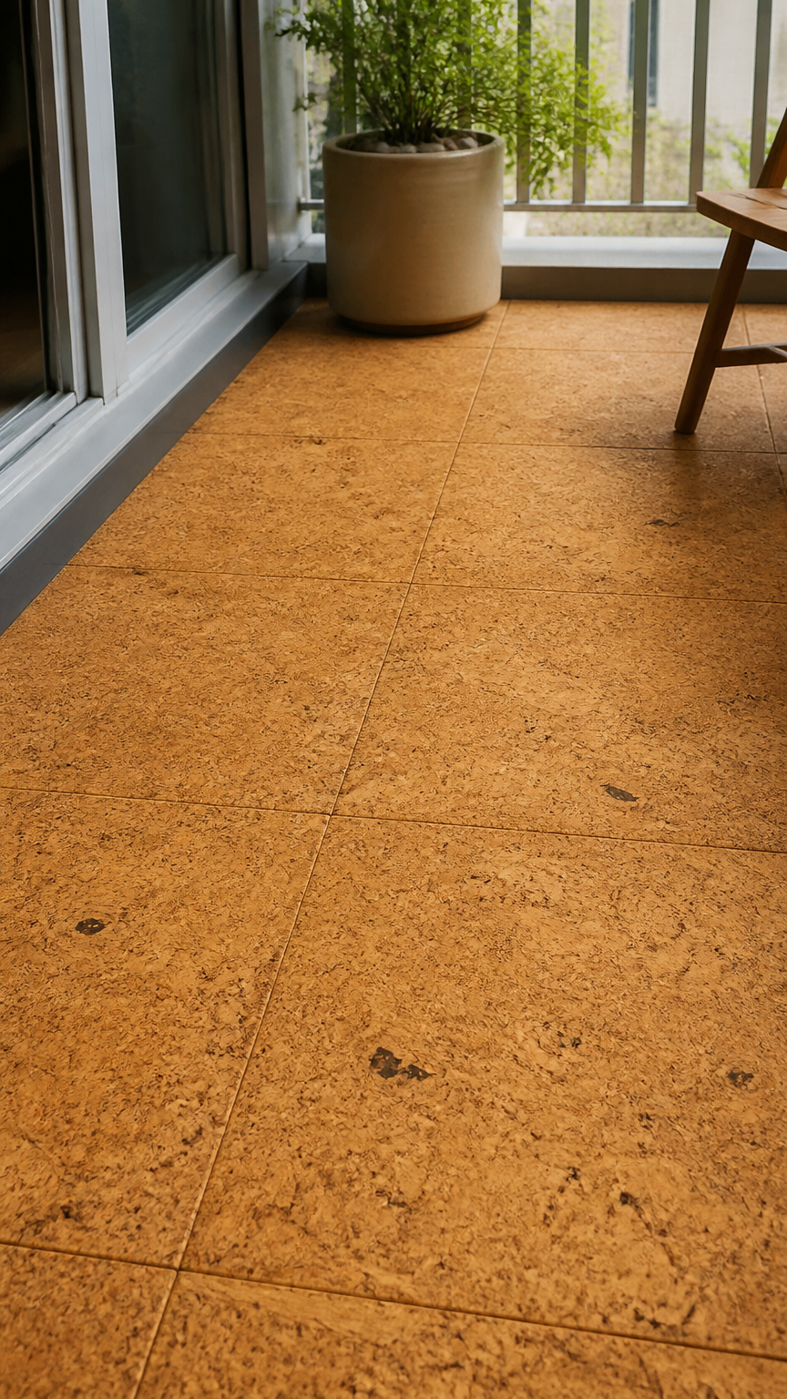 A close-up photograph of honey-colored cork tiles installed on an apartment balcony, highlighting the natural organic...