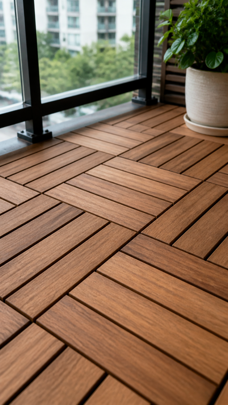 A close-up photograph taken with a high-end camera of snap-together teak wood deck tiles on a small urban balcony, sh...