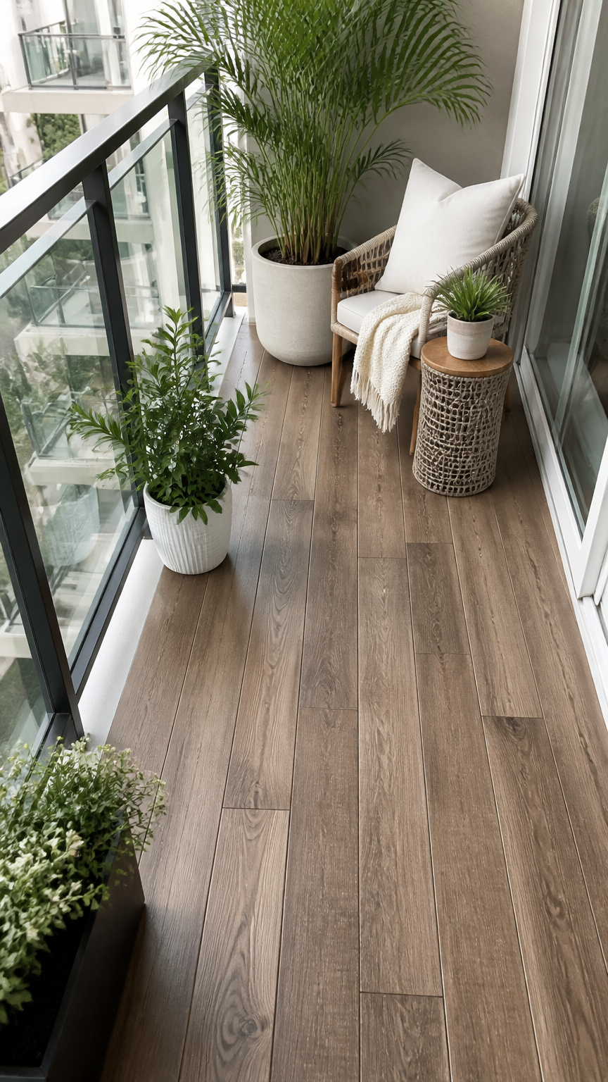 A crisp, detailed photograph of waterproof wood-look vinyl planks installed on a small apartment balcony, shot from a...