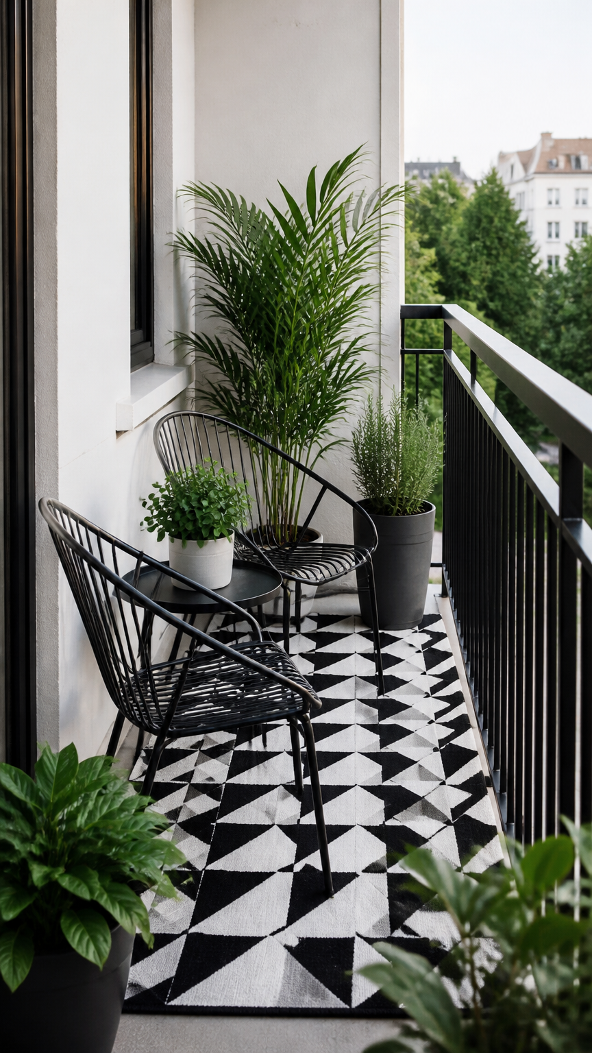 A professional photograph of a small balcony featuring a black and white geometric outdoor rug, two black metal chair...