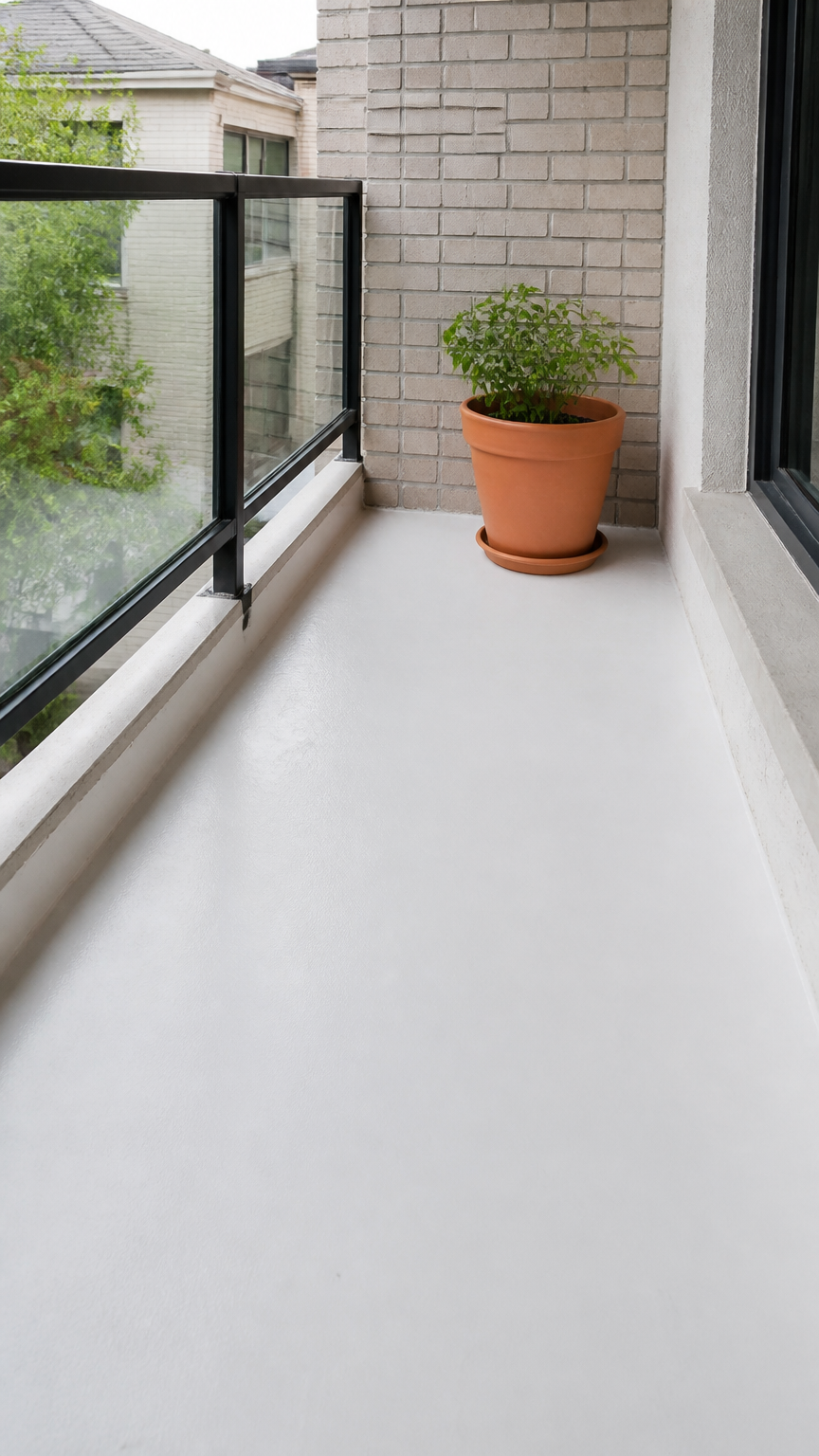 A clean photograph of a small apartment balcony with a freshly painted solid white concrete floor, accented by a sing...