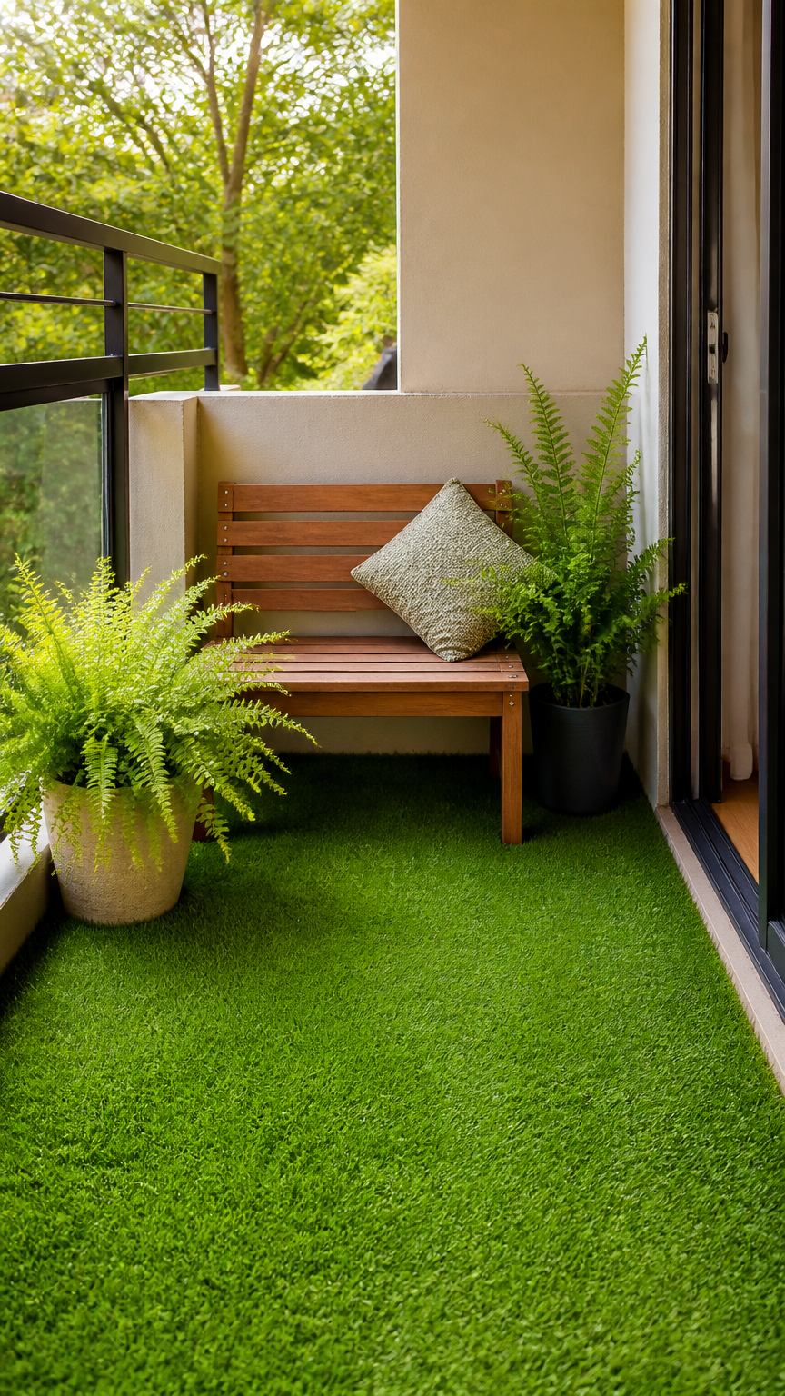 A high-end photograph of a lush green artificial turf carpet covering a small balcony, with a small wooden bench and...
