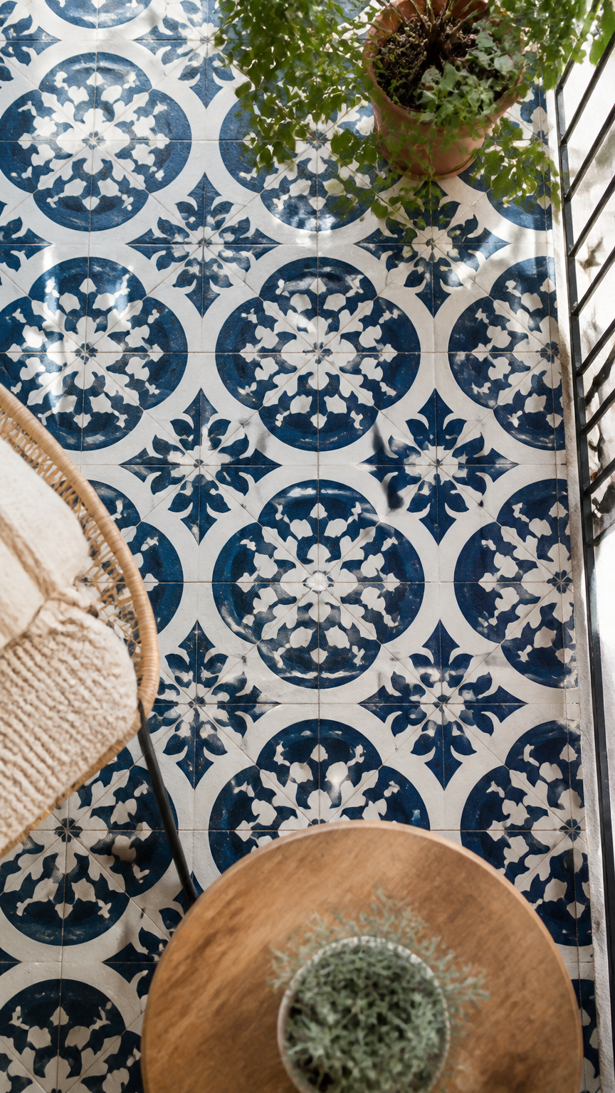A top-down photograph of a concrete balcony floor painted with a Moroccan tile stencil in navy blue and white, photog...