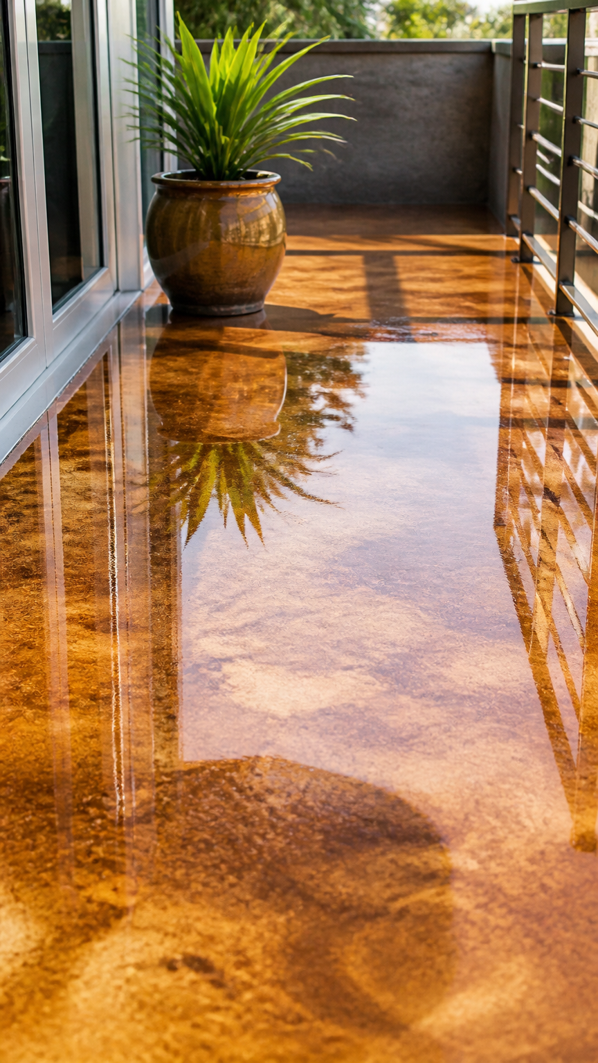 A glossy, high-end photograph of an amber-colored acid-stained concrete balcony floor reflecting a potted plant and n...