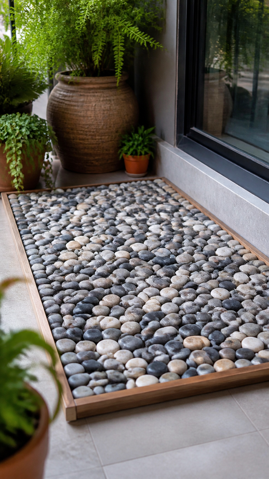 A detailed photograph of a DIY smooth river rock mat framed in a low wooden border on a balcony floor, shot in natura...