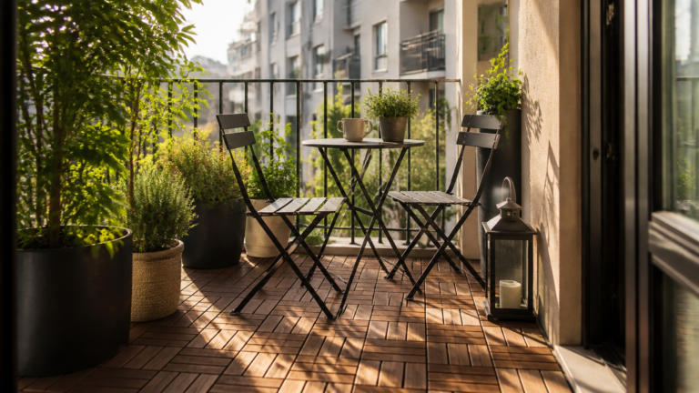 A high-end camera photograph of a cozy apartment balcony with interlocking wooden deck tiles, potted green plants, an...