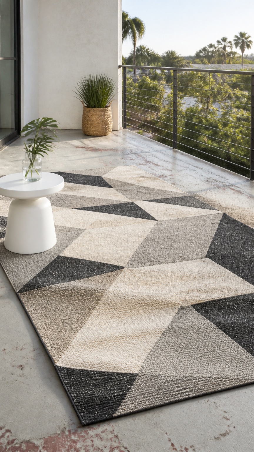 A large geometric-patterned polypropylene outdoor rug laid over a worn concrete balcony, accented by a small white si...