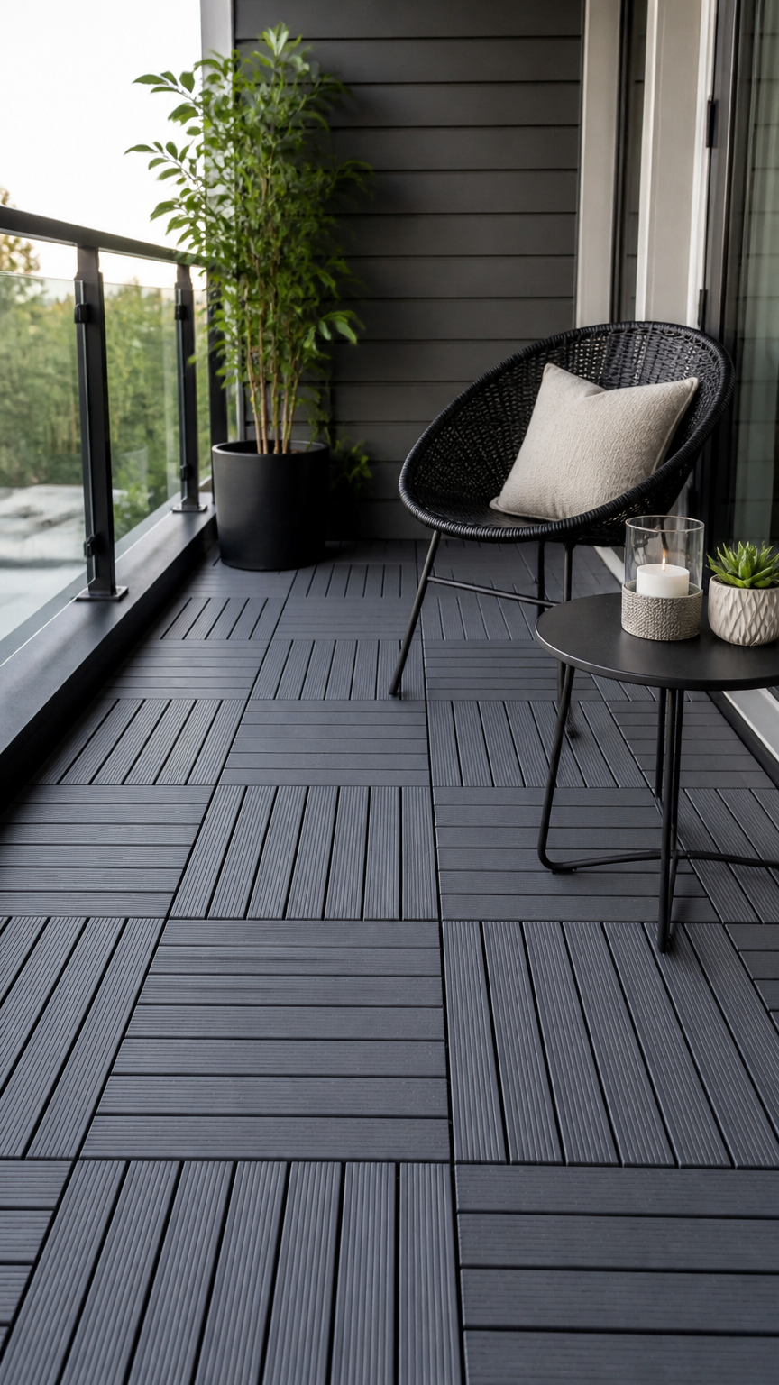 Interlocking gray composite wood-plastic decking tiles on a compact balcony, featuring clean lines and a modern minim...