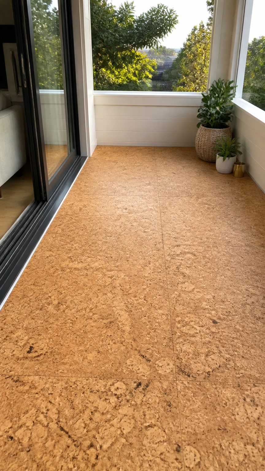 Warm cork tiles fitted tightly together on a covered balcony floor, showing natural cork grain patterns, captured wit...