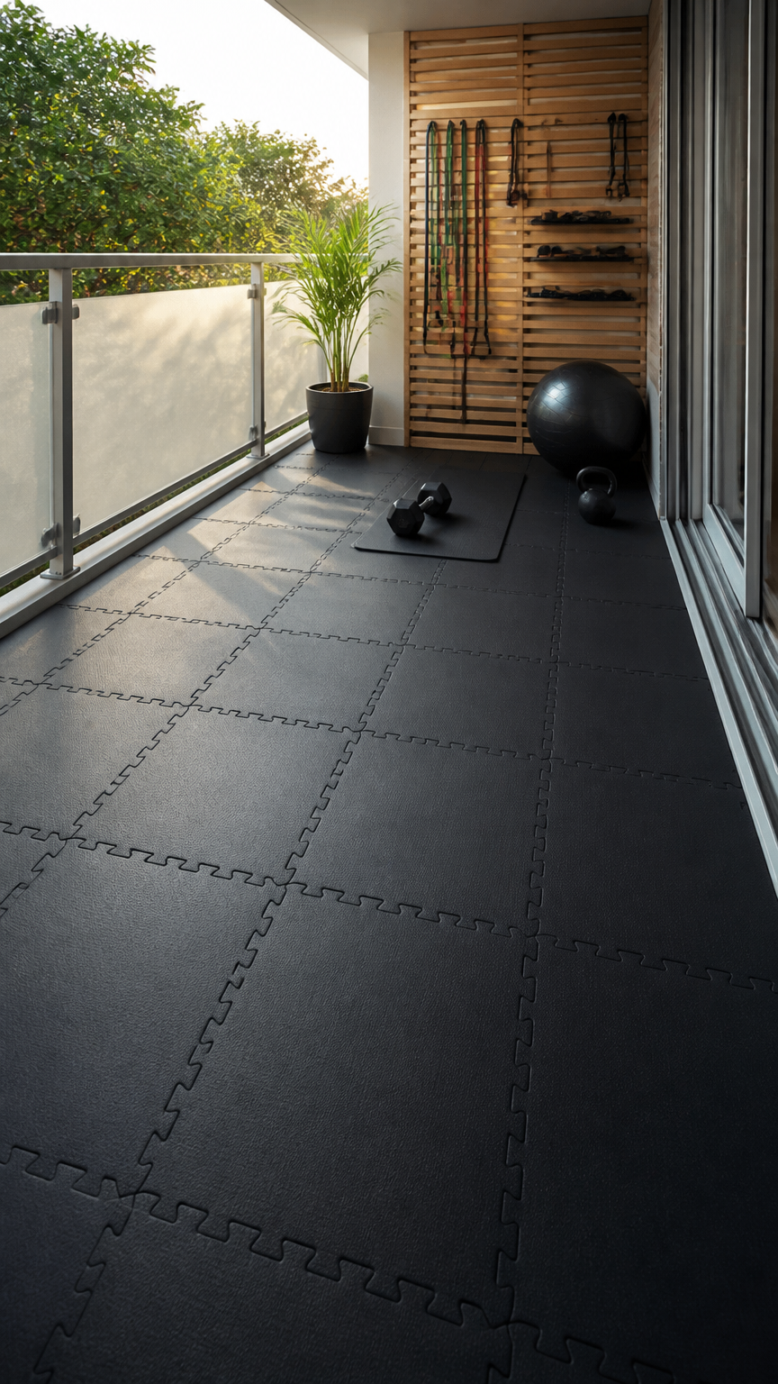 Interlocking black rubber gym flooring tiles installed on a small exercise balcony, crisp details, natural morning light