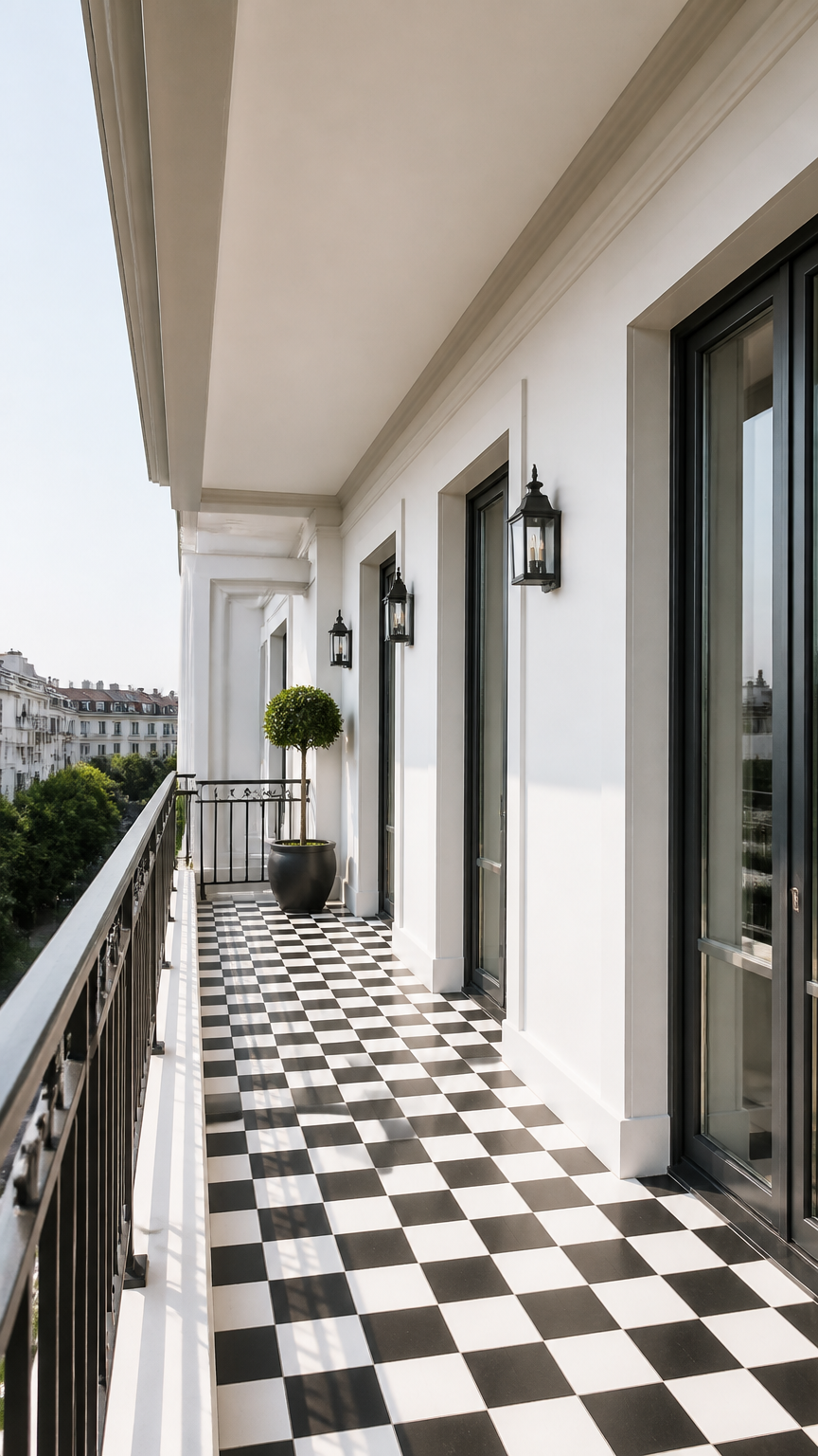 Black and white checkerboard vinyl floor tiles stuck onto a clean apartment balcony, bright daylight, professional ar...
